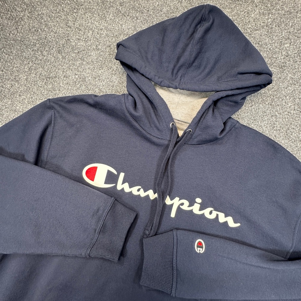 Champion Hoodie Mens 2XB Navy Blue Script Logo Pullover Fleece Athletic Urban